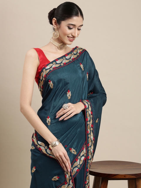 

PERFECTBLUE Teal Blue & Red Ethnic Motifs Embroidered Silk Blend Saree