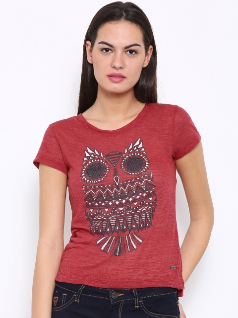 

Flying Machine Women Red Printed Round Neck T-Shirt