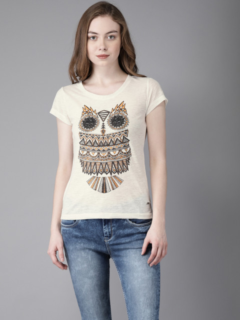 

Flying Machine Women Off-White Printed Round Neck T-Shirt