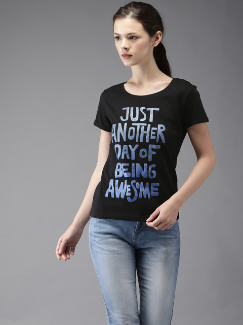 

Flying Machine Women Black Printed Round Neck T-shirt