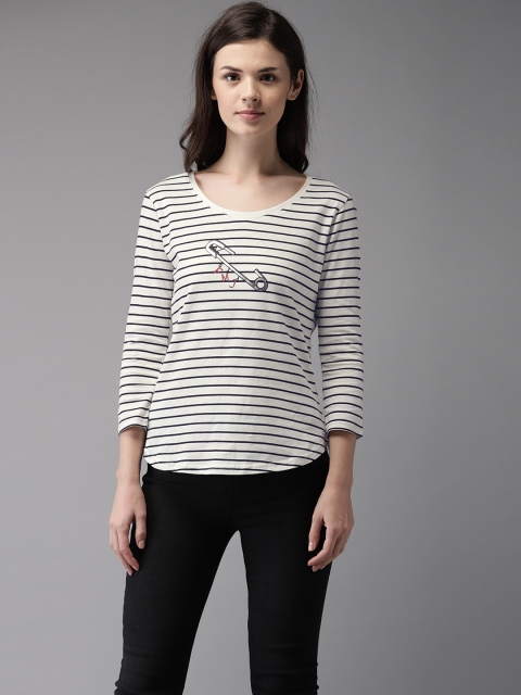 

Flying Machine Women White Striped Round Neck T-shirt