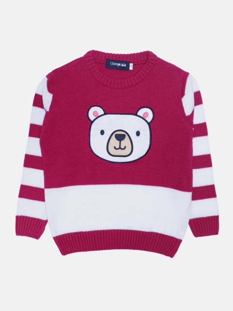 

CHIMPRALA Girls Magenta & White Colourblocked Woolen Pullover