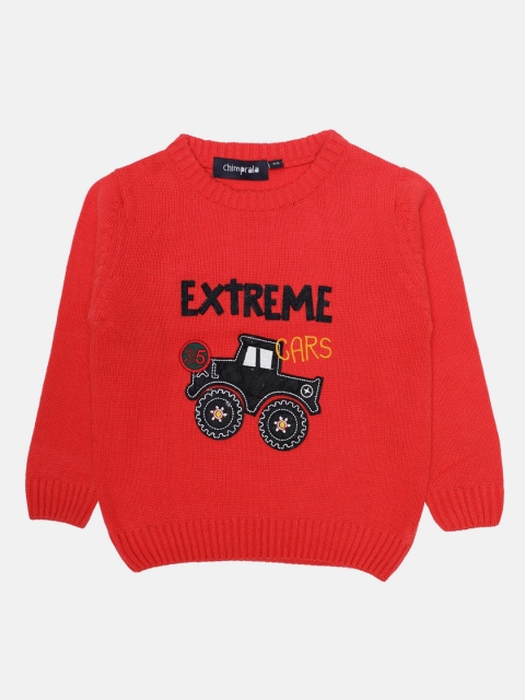 

CHIMPRALA Girls Peach-Coloured & Black Typography Printed Woolen Pullover
