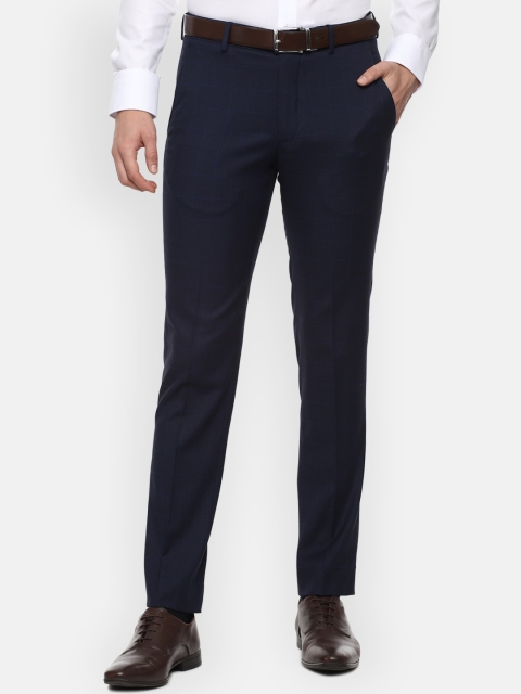 

Louis Philippe Men Navy Blue Textured Checked Slim Fit Trousers