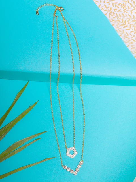 

DIVA WALK EXCLUSIVE Gold-Toned & White CZ-Studded Brass Gold-Plated Layered Necklace