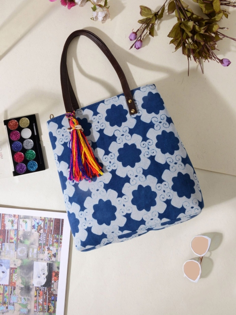 

Vivinkaa Blue Ethnic Motifs Printed Faux Leather Structured Tote Bag with Tasselled