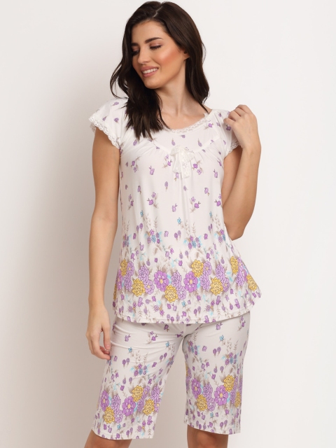 

Laceandme Women White & Purple Printed Night suit