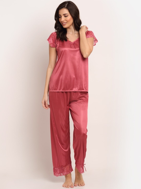 

Laceandme Women Pink Solid Satin Top & Pyjama Set