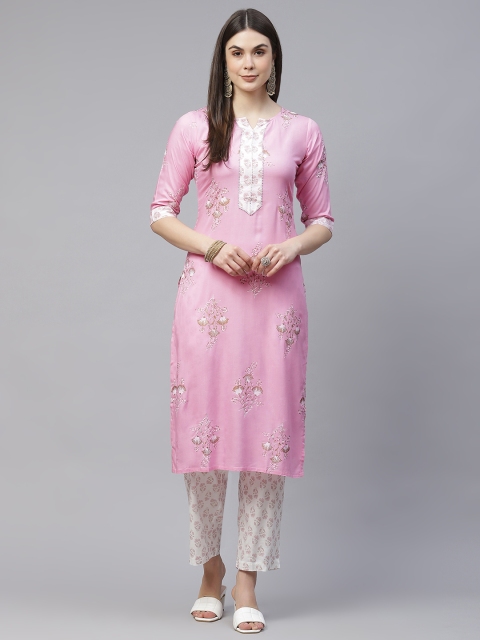 

SILVER STOCK Women Pink Pure Cotton Floral Printed Kurta with Trousers