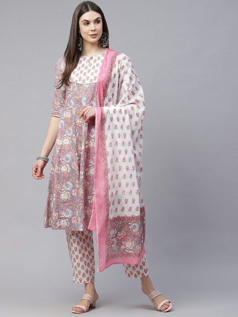 

SILVER STOCK Women Grey & Pink Pure Cotton Floral Printed Kurta with Trousers & Dupatta