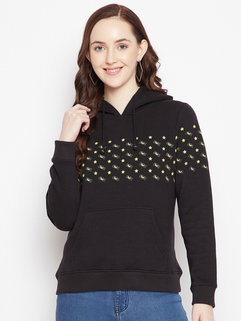 

HARBORNBAY Women Black & Yellow Printed Hooded Sweatshirt