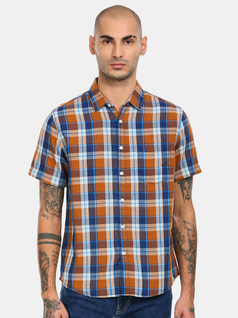 

Ruggers Men Orange Tartan Checks Checked Cotton Casual Shirt