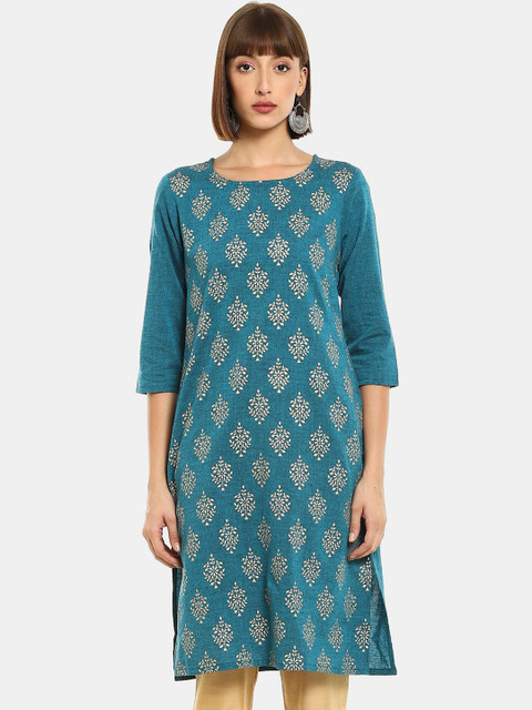 

Karigari Women Blue Ethnic Motifs Printed Keyhole Neck Kurta