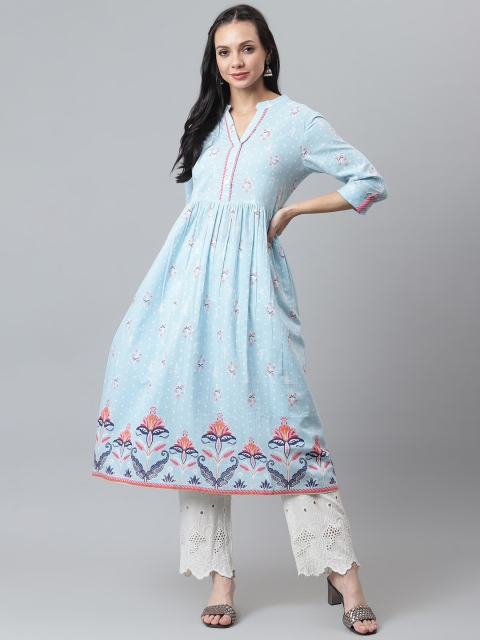 

QOMN Women Blue & Pink Ethnic Motifs Printed Anarkali Kurta