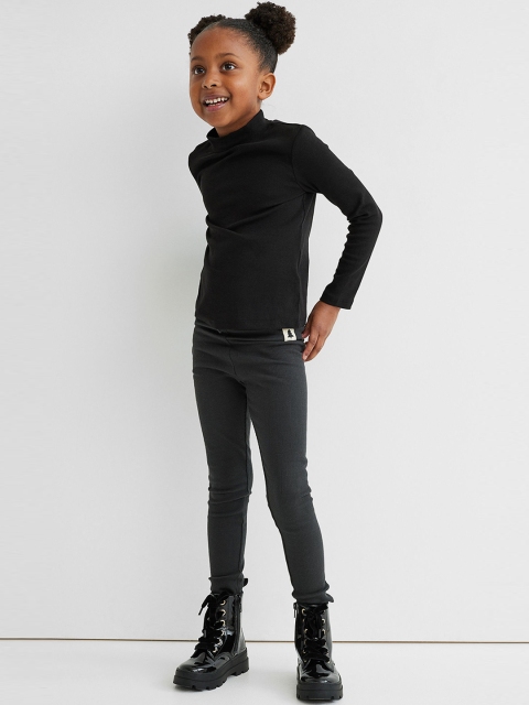 

H&M Girls Charcoal Grey Ribbed Cotton Leggings