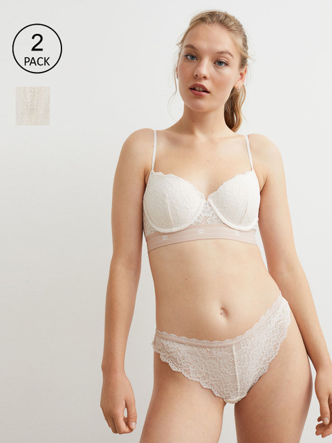

H&M Women White & Beige 2-Pack Lace Brazilian Briefs 1010033003