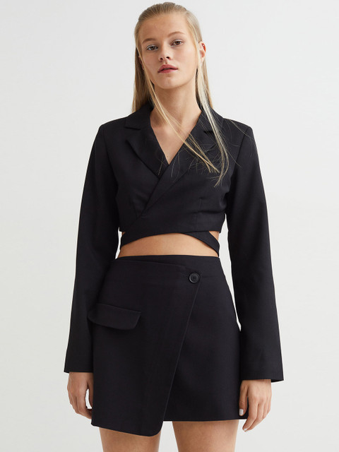 

H&M Women Black Single-Breasted Cropped Blazer