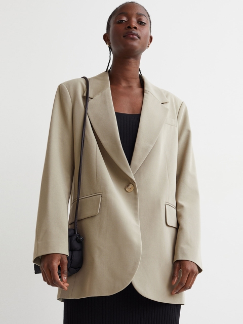 

H&M Women Olive Green Single Breasted Oversized Jacket