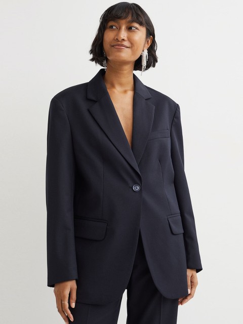 

H&M Women Black Single Breasted Oversized Wool-Blend Jacket