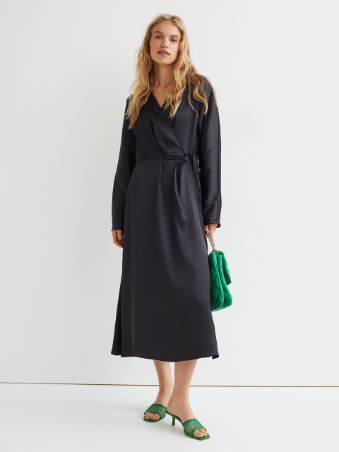 

H&M Women Black Long Satin Wrap Dress