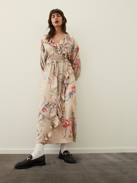 

H&M Women Beige Maxi Flounce-Trimmed Dress