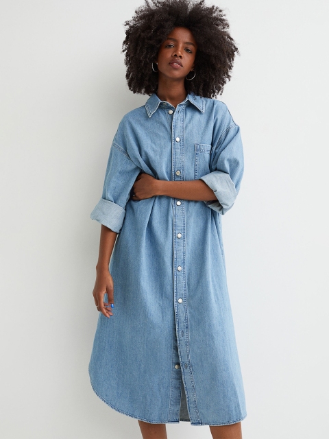 

H&M Women Blue Washed Pure Cotton Denim Shirt Dress
