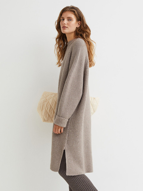 

H&M Women Beige Sweater Rib-Knit Dress