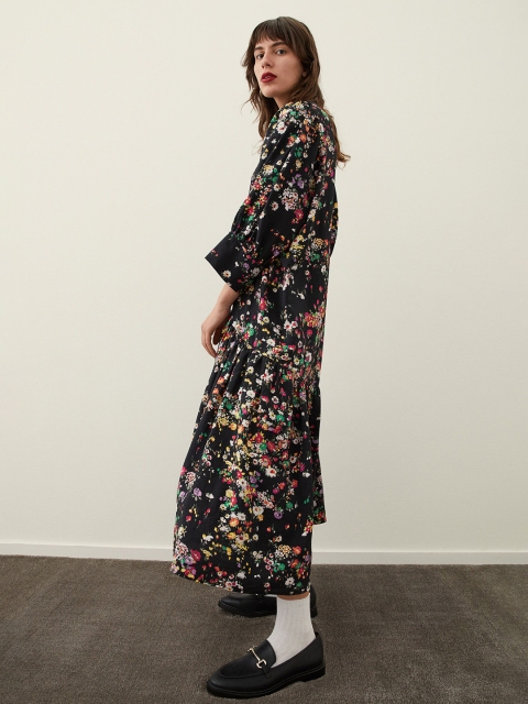 

H&M Women Black Floral A-Line Midi Airy dress