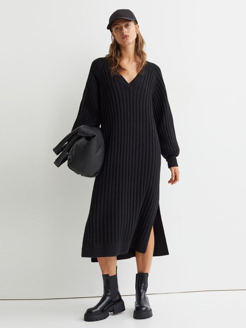 

H&M Women Black Sweater Rib-Knit Dress