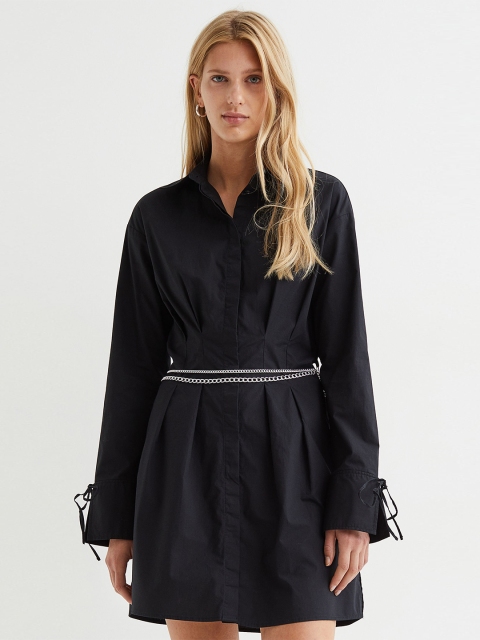 

H&M Women Black Pure Cotton Chain-Belt Shirt Dress