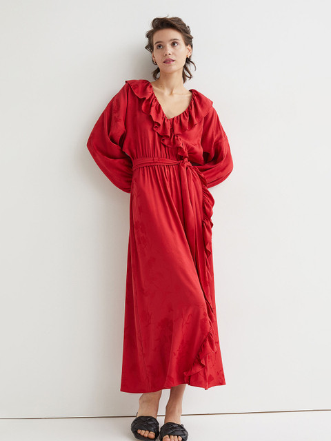 

H&M Women Red Flounce-Trimmed Wrap Dress