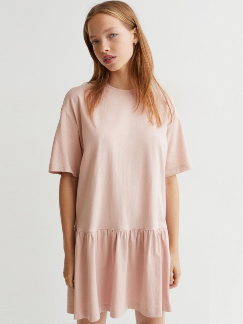 

H&M Women Pink Solid Pure Cotton T-Shirt Dress