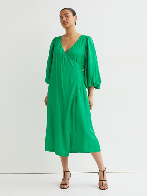 

H&M Women Green Solid Satin Wrap Dress