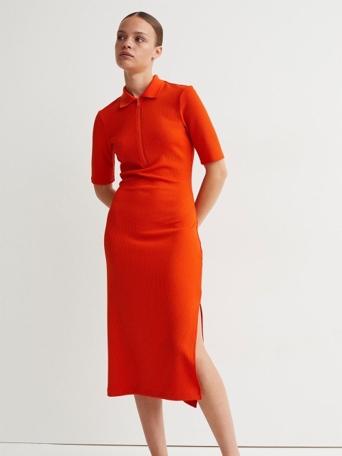

H&M Women Orange Collared Ribbed Bodycon Dress