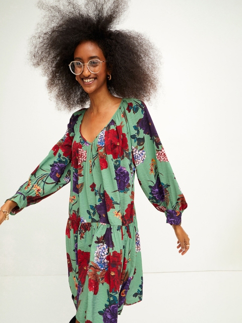 

H&M Women Green Floral Print Airy A-Line Dress