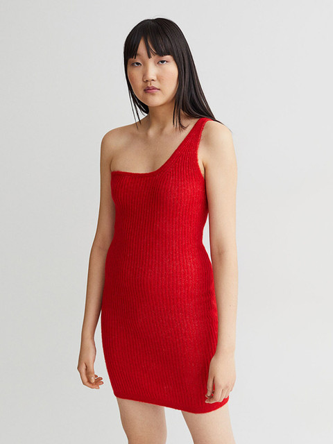 

H&M Women Red Ribbed One-Shoulder Fitted Bodycon Dress