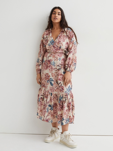 

H&M Women Beige Floral Print Maxi Wrap Dress