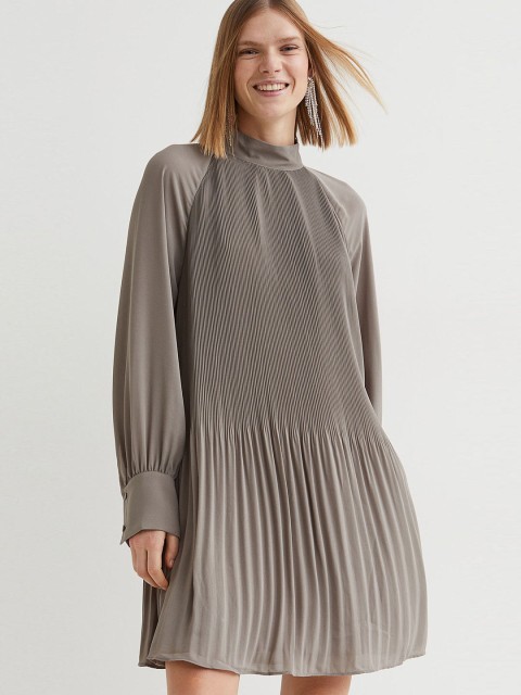 

H&M Women Grey Pleated A-Line Dress