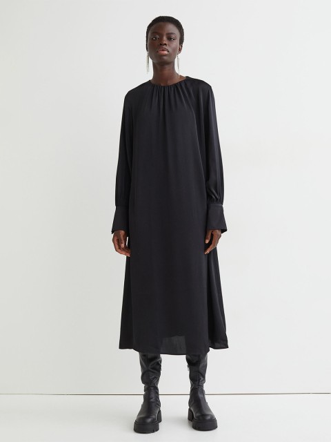

H&M Women Black Solid Tie-Belt Satin A-Line Dress