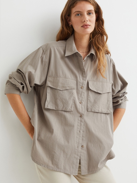 

H&M Women Beige Cotton Utility Shirt