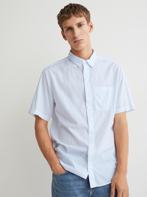 

H&M Men Blue Regular Fit Pure Cotton Short-Sleeved Shirt