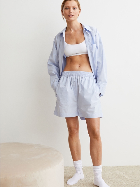 

H&M Women Blue Pure Cotton Poplin Pyjama Shirt