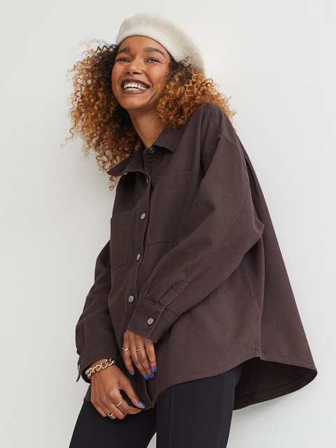 

H&M Women Brown Solid Pure Cotton Shacket