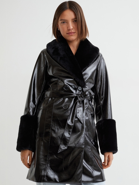 

H&M Women Black Faux fur-trimmed patent coat