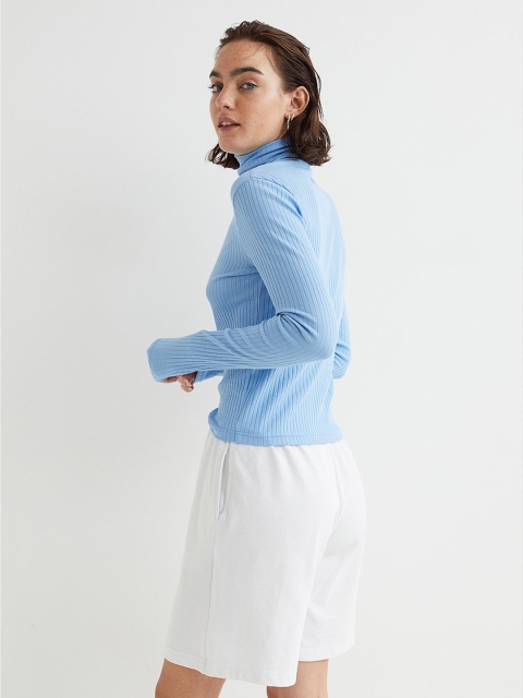 

H&M Women Blue Ribbed jersey polo-neck top