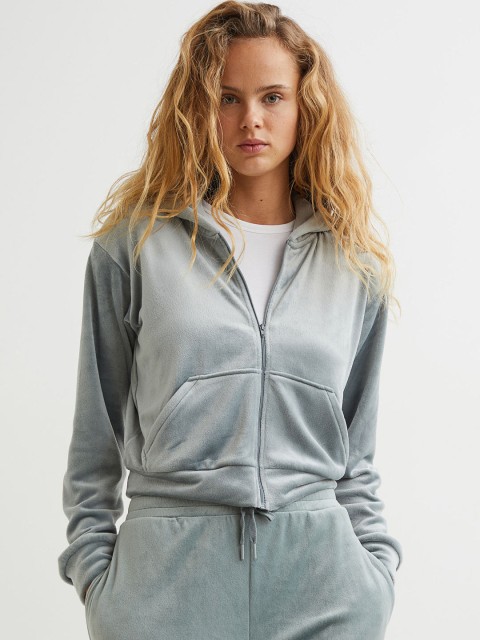 

H&M Women Green Velour zip-Through Hoodie