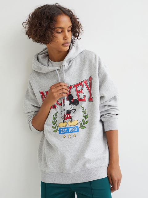 

H&M Women Grey Melange Motif-Front Mickey Hoodie