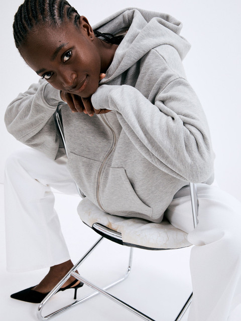 

H&M Women Grey Melange Solid Oversized Zip-Through Hoodie
