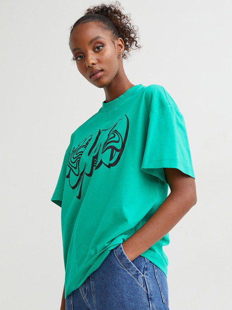 

H&M Women Green Printed Oversized Cotton T-shirt
