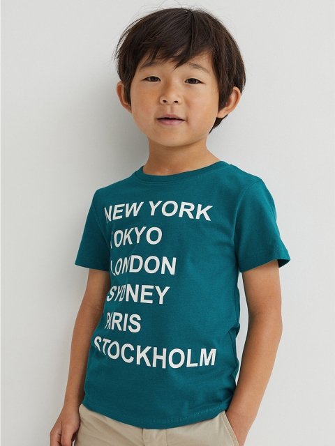 

H&M Boys Teal Blue Printed Cotton T-shirt